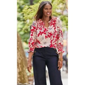 Talbots Red White Blue Floral Smocked Neck Long Sleeve Blouse Top Size L